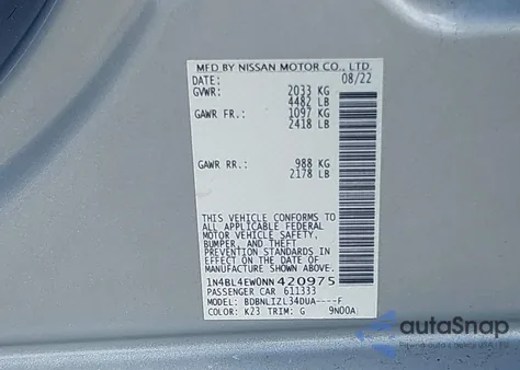 2022 Nissan Altima Sl Intelligent Awd из США, поврежденный, VIN 1N4BL4EW0NN420975